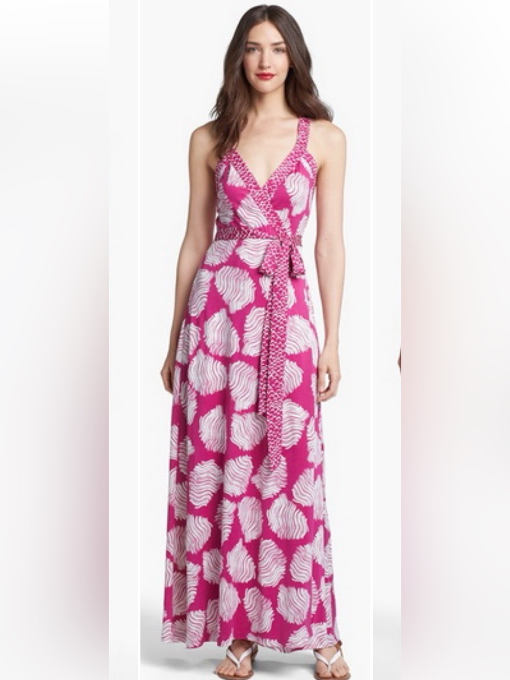 Diane Von Furstenberg Pink and White Sleeveless Wrap Maxi Dress